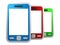 Set of colorful touchscreen smartphones on white