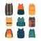 Set of colorful travel or casual backpacks for kids, adults, students and travelers. Vector flat cartoon illustration