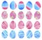 Set of colorful watercolor blue and pink Easter eggs on a white background. Bright symbols, holiday icons with gradient