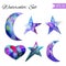 Set of Colorful watercolor star and moon icon.