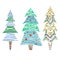 Set of coloring various lagom firs with hatching and scribble. Hand-drawn Christmas trees with toys. Vector ink element
