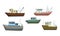 Set of commercial sea fishing trawlers vessels. Vector illustration in flat cartoon style.