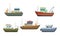 Set of commercial sea fishing trawlers vessels. Vector illustration in flat cartoon style.