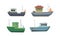 Set of commercial sea fishing trawlers vessels. Vector illustration in flat cartoon style.