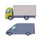 Set of commercial van and truck. Side view of delivery trucks cartoon vector illustration