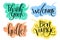 Set of common hand written words on drawn textured speech bubbles. Thank you, welcome, hello and bon voyage phrases. P