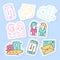 Set of communication stickers, pins, patches and handwritten collection in cartoon style. Funny greetings for clothes, card, badge