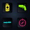 Set Compass, Passport with ticket, Camping knife and Flare gun pistol. Black square button. Vector