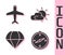 Set Compass, Plane, Parachute and Sun and cloud weather icon. Vector