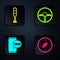 Set Compass, Traffic light, Taxi call telephone service and Steering wheel. Black square button. Vector