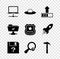 Set Computer network, UFO flying spaceship, Loading, Unknown document, search and Hammer icon. Vector