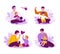 Set of concept of spending time together father and children. Happy family in nature. Vector illustration in flat