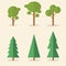 Set of coniferous and deciduous green trees