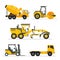 set of construction heavy machines. vehicles construction equipment for building. Road Grader, Concrete cement mixer truck, long t