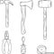 Set of construction tools in outlines.Vector illustration of hammer, ax, screwdriver, sledgehammer, pliers, tape measure.