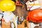 Set of construction tools, wooden background