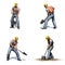 Set of Construction worker works with shovel - different views on white background