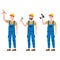 Set Construction workers with cordless screwdriver, brush, plastering trowel tools in workwear. Craftsman character