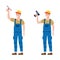 Set Construction workers with cordless screwdriver, plastering trowel tools in workwear. Craftsman character vector