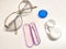 A set for contact lenses with a container, forceps, glasses. The concept of correcting myopia. Contact lens care