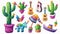 The set contains a traditional donkey pinata, a Spanish guitar, maracas, a sombrero, and a potted cactus. The set is