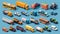 The set contains transport modes such as isometric cars, freight trucks, refrigerator vans, tractors, harvesters