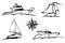 Set of contour hand drawings various modern sailing boats isolated on white