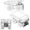 Set with the contours of a dump truck from black lines isolated on a white background. Side view, front, isometric
