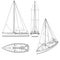 Set with the contours of a small yacht with a sail of black lines isolated on a white background. Front view, isometric