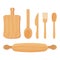 Set of Cooking wooden kitchen tools spoon, knife, fork, rolling pin isolated on white background. Ecological material, reusable