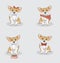 A set of corgi: one wearing bandana, another bow tie, one more has a bowl  and the last one wearing a bow