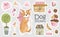 Set of Corgi stickers and icons. Cute dog with romantic items.