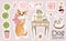 Set of Corgi stickers and icons. Cute dog with romantic items.