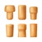 Set cork stopper wooden taps. Wine bung in cartoon. Corkwood plug with grape bunch. Vector illustration on white