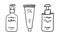 Set of cosmetic bottles in minimalist hand drawn outline style. Three makeup dispenser containers in doodle silhouette