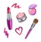 Set of cosmetic items, watercolor drawing on a white background