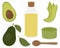 Set of cosmetics from avocado. Oil Bottle Cream Fruit Vegetable Leaves