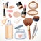 Set of cosmetics bjects cream, face powder, lipstick, brush