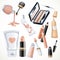 Set of cosmetics objects in beige color lipstick,nail polish