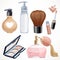 Set of cosmetics objects shadow brush, perfume, lipstick
