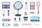 Set of cosmetics and skin care products in cute flat style. Decorative cosmetics, eye shadows, blush, concealer, mirror