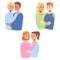 Set couple in love. Variety of orientations. LGBTQ. Straight, Gay and Lesbian hug. Vector illustration in flat style.