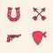 Set Cowboy bandana, Horseshoe, Crossed arrows and Revolver gun icon. Vector