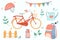 A set of cozy illustrations of a bicycle, helmet, watering can, backpack, thermos, fence.Family bike ride.