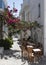 Set of cozy tables and chairs under a vine canopy outside a shop in Hora village in the Cyclades