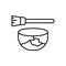 Set of cracked bowl and brush. Line art icon of Kintsugi. Black illustration of gold repaired pottery. Contour isolated vector