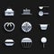 Set Cracker biscuit, Muffin, Frying pan, Cooking pot, Macaron cookie, Pretzel, Measuring spoon and Kitchen apron icon