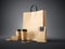 Set of craft shopping bag, take away cups, paper package, blank business cards and generic design smartphone. Dark