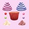 Set for creating sweet cupcakes with decorations painted with watercolors and isolated.