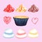 Set for creating sweet cupcakes with decorations painted with watercolors and isolated.